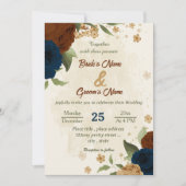 テラコッタアーストーンネイビーフローラ結婚グリーンリー 招待状 (正面)