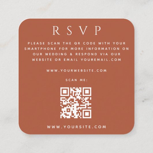 テラコッタアーチカップル写真QRコードウェディングRSVP エンクロージャーカード (裏面)