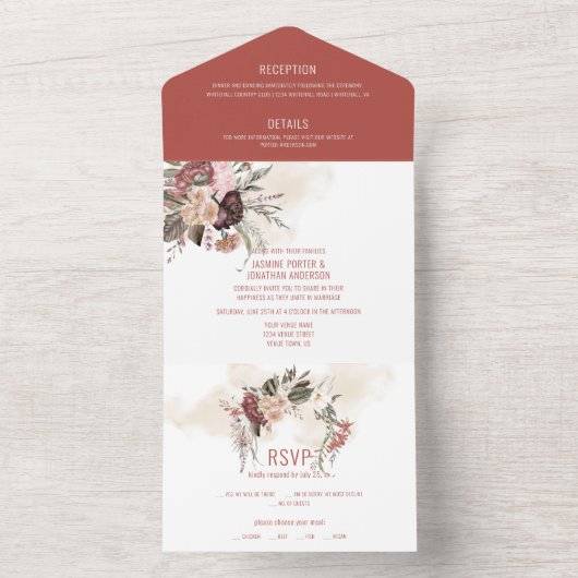 テラコッタウィンターホワイト赤面ピンク結婚フローラ オールインワン招待状 (内側)