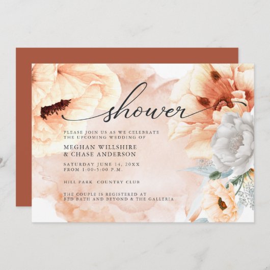 テラコッタウォーターカラーフラワーズブライダルシャワー 招待状 (正面/裏面)