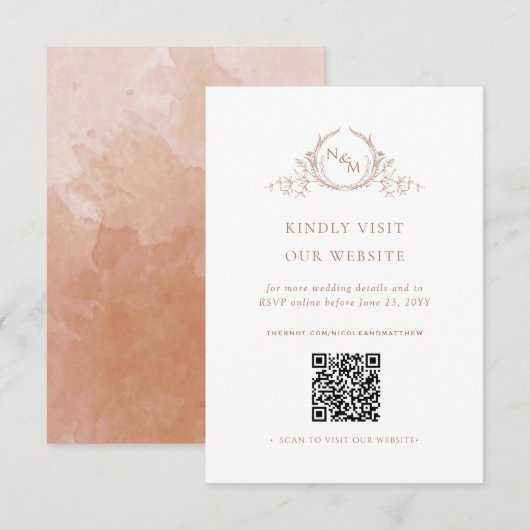 テラコッタウォーターカラーモノグラムQRコード/RSVPオンライン エンクロージャーカード (正面/裏面)