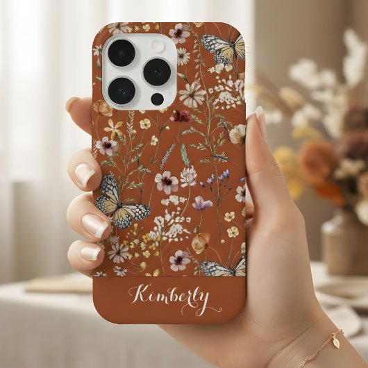 テラコッタウォーターカラーワイルドフラワーパターンネーム iPhoneケース