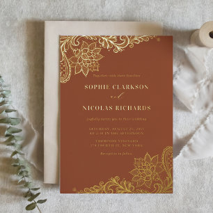 テラコッタエレガントアンティークレ素朴ース結婚ズ 箔招待状