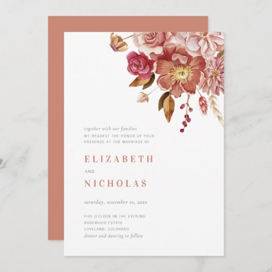 テラコッタエレガントウォーター色のフローラ結婚ズ 招待状 (正面/裏面)