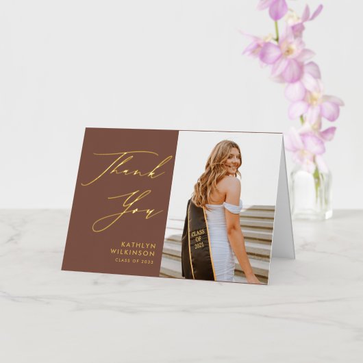 テラコッタエレガントスクリプト卒業ありがとう 箔グリーティングカード (蘭)