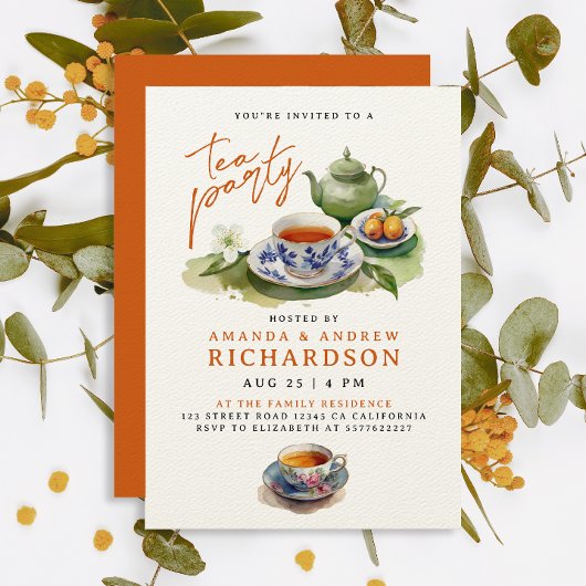 テラコッタエレガントティーパーティーフレンズ水彩色 招待状