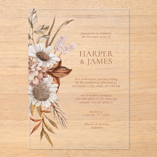 テラコッタエレガントフローラボホ秋の結婚式 アクリル招待状 (正面)