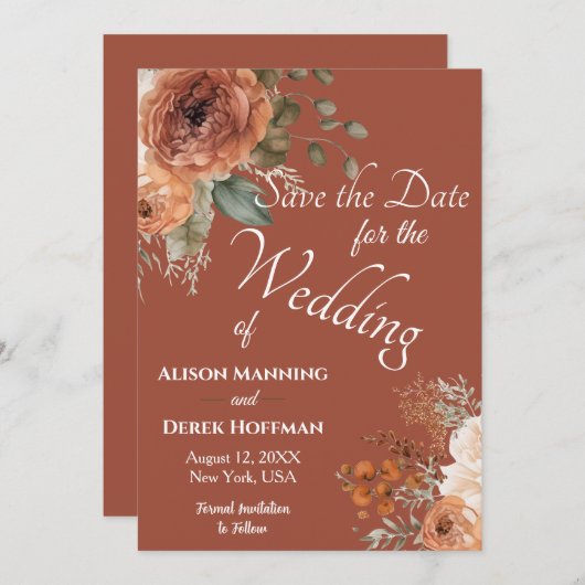 テラコッタエレガントフローラ結婚式の日付を保存 シーズンカード (正面/裏面)