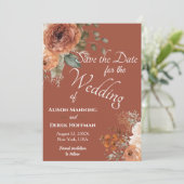 テラコッタエレガントフローラ結婚式の日付を保存 シーズンカード (スタンド正面)