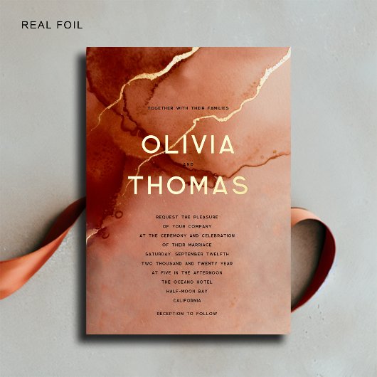 テラコッタエレガントモダンビーチ秋の結婚式金ゴールド 箔招待状