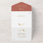 テラコッタエレガントラスト金ゴールドの結婚葉のアーチ オールインワン招待状 (外側)