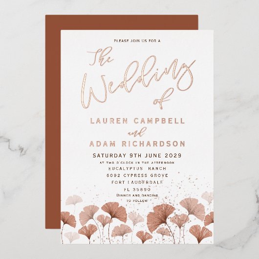 テラコッタエレガントリーフバラ金ゴールド結婚ズ 箔招待状 (正面/裏面)