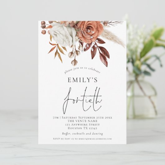 テラコッタエレガント花模様40歳の誕生日パーティー 招待状 (スタンド正面)