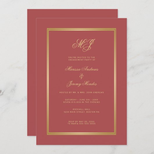 テラコッタエレガント金ゴールドモノグラム婚約パーティ 招待状 (正面/裏面)