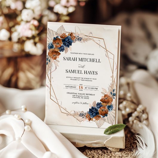 テラコッタオレンジとネイビーブルーの結婚式招待状 招待状