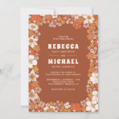 テラコッタオレンジグルーヴィーレトロワイルドフラー結婚ズ 招待状 (正面)