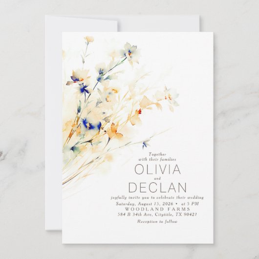 テラコッタオレンジネイビーブルーフローラ秋の結婚式 招待状 (正面)