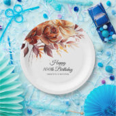 テラコッタオレンジ秋フラワーズ100誕生日 ペーパープレート (パーティー)