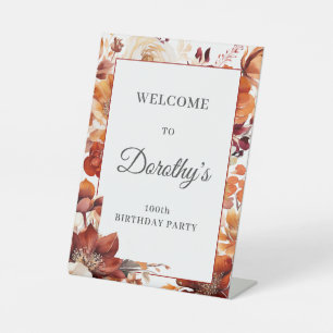 テラコッタオレンジ秋フラワーズ100誕生日 台座サイン