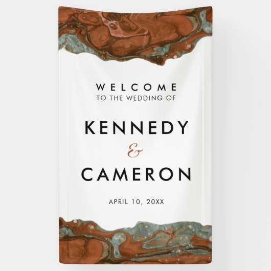 テラコッタオレンジ&ティール（緑がかった色）ミニマリストマーブルウェルカム 横断幕 (縦)