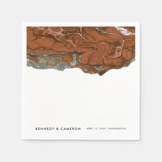 テラコッタオレンジ&ティール（緑がかった色）ミニマリストマーブル スタンダードカクテルナプキン (正面)