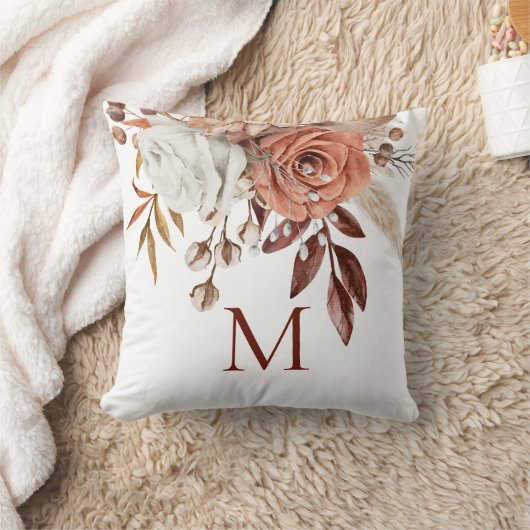 テラコッタオータム花模様モノグラムイニシャル クッション (ブランケット)