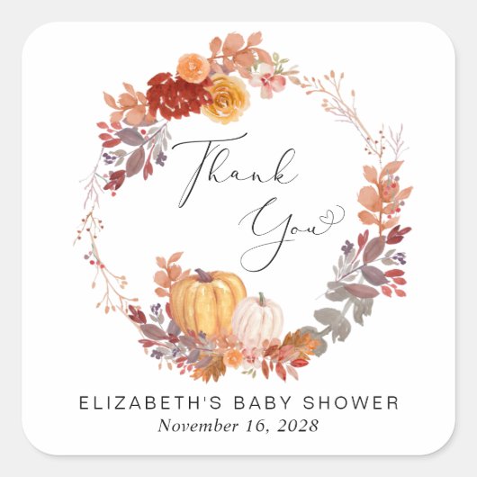 テラコッタカボチャリースベビーシャワーありがとう スクエアシール (正面)