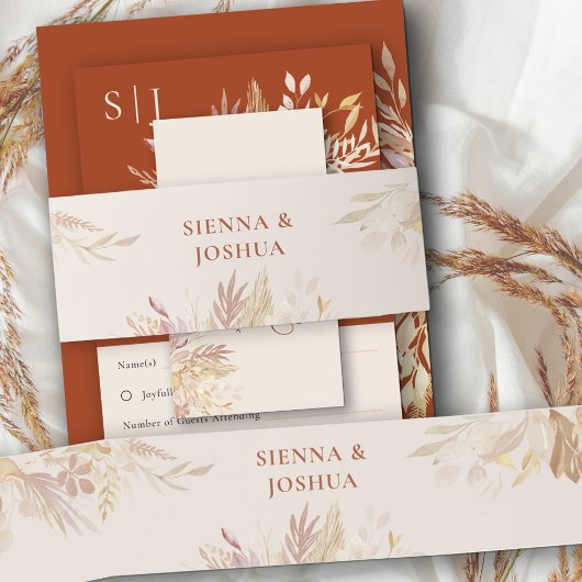 テラコッタクリームボタニカルパーソナライズされたリーフ 招待状ベリーバンド