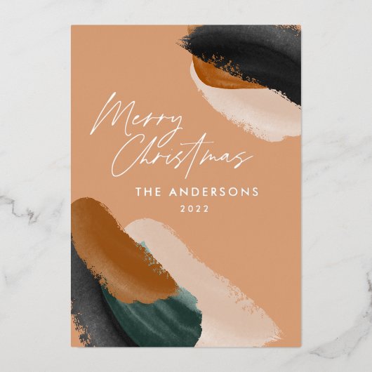 テラコッタグリーンのモダンなミニマルユニークな水彩 箔シーズンカード (正面)