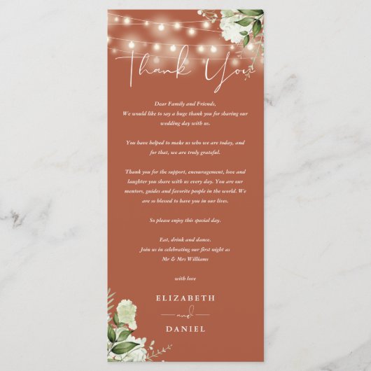 テラコッタグリーンウェディングサンクスプレイスカード メニュー (正面)