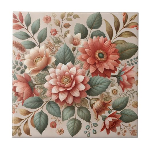 テラコッタグリーンウォーターカラーフローラエレガントデコール タイル (正面)