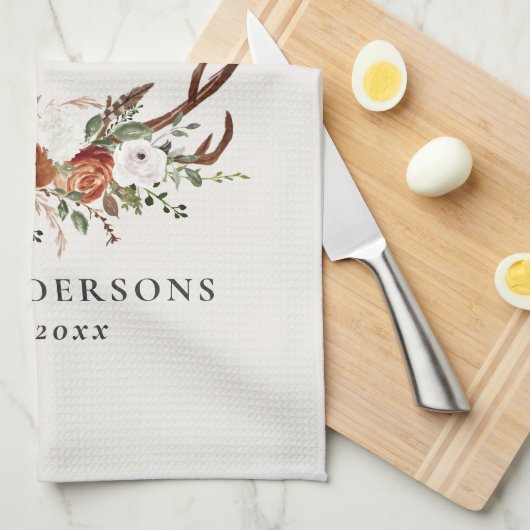 テラコッタグリーンスタグウォーター色フローラ エレガント キッチンタオル (四つ折り)