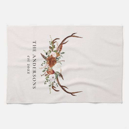 テラコッタグリーンスタグウォーター色フローラ エレガント キッチンタオル (横)