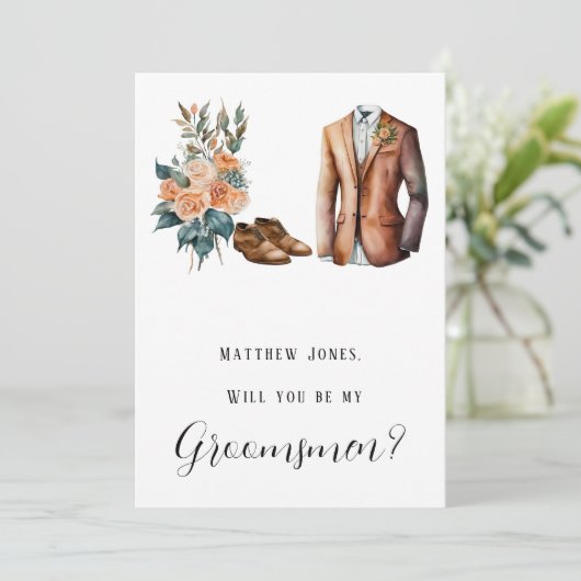 テラコッタグリーンマンのスーツを着て私のgroomsmenになる 招待状 (スタンド正面)