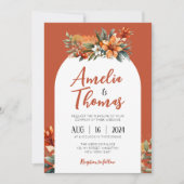 テラコッタグリーン素朴フローラアーチ秋の結婚式 招待状 (正面)