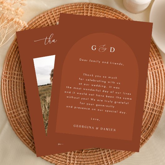 テラコッタコリアンダー ボヘミア フォト モノグラム ウェディング サンキューカード