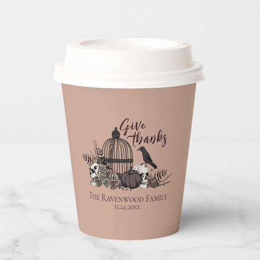 テラコッタゴシックスカル&バラ与え感謝してい秋 紙コップ (正面)