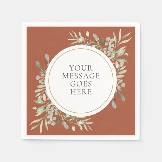 テラコッタゴールドユーカリグリーン葉 スタンダードカクテルナプキン (正面)