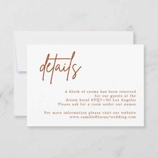 テラコッタサビ燃えたオレンジ結婚の詳細カード 出欠カード (正面)