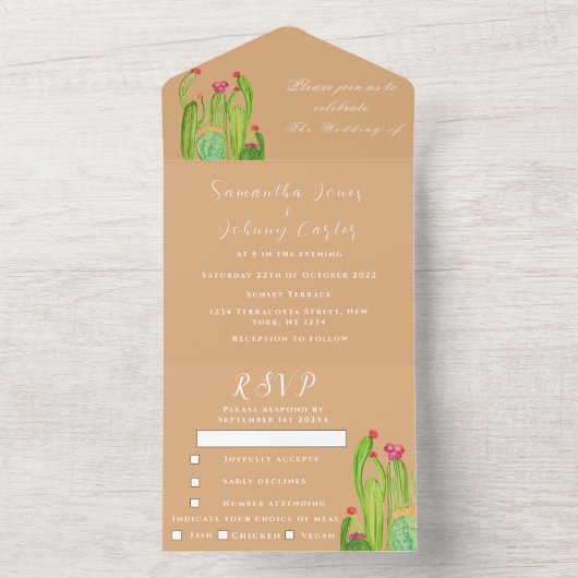 テラコッタサボスデザートメキシコアリゾナ結婚ズ オールインワン招待状 (内側)