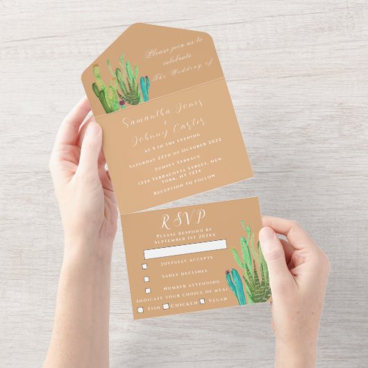 テラコッタサボスデザートメキシコアリゾナ結婚ズ オールインワン招待状 (貼ってはがせる)