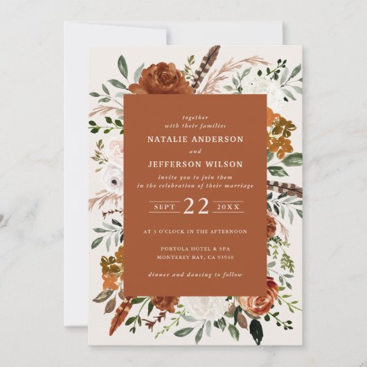 テラコッタシックフローラエレガントな結婚式詳細QR 招待状 (正面)