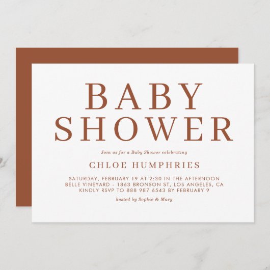 テラコッタシンプルタイポグラフィストライプベビーシャワー 招待状 (正面/裏面)