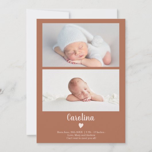 テラコッタシンプルハート2枚の写真ベビー誕生 案内状 (正面)