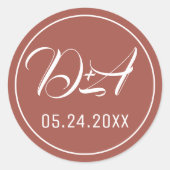 テラコッタスクリプトタイポグラフィイニシャル秋の結婚式 ラウンドシール (正面)