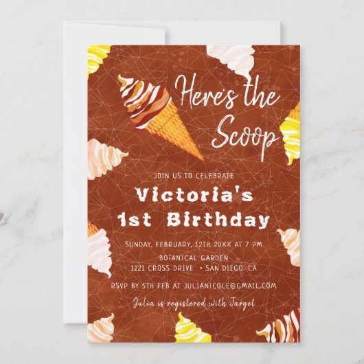 テラコッタスコップアイスクリームケーキフォト誕生日 招待状 (正面)