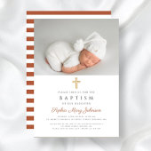 テラコッタストライプの宗教十字写真洗礼 招待状