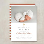 テラコッタストライプの宗教十字写真洗礼 招待状