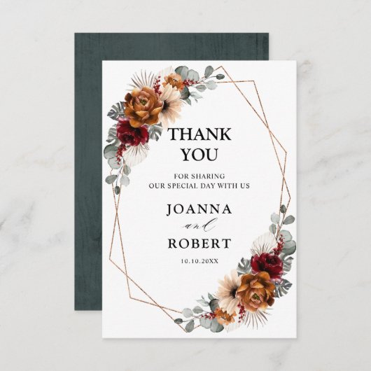 テラコッタセージブルゴーニュフローラ幾何学結婚ズ サンキューカード (正面/裏面)