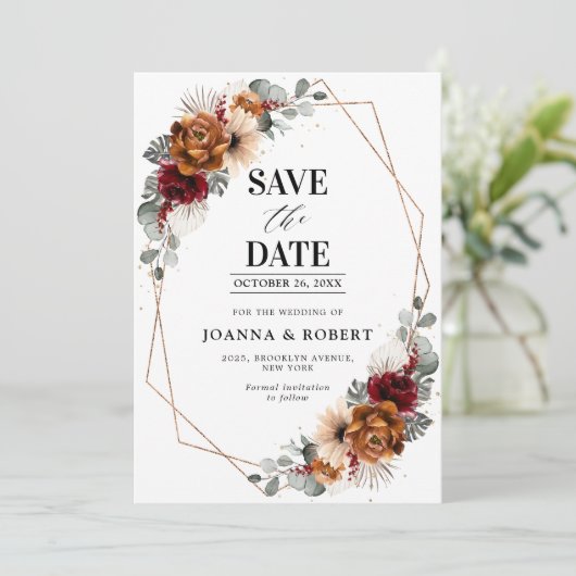 テラコッタセージブルゴーニュフローラ幾何学結婚ズ セーブザデート (スタンド正面)